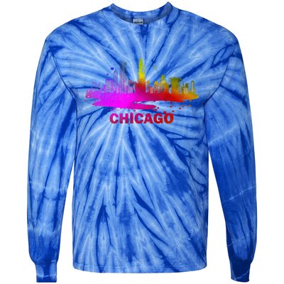 Colorful Chicago Cityscape Souvenir Chicago Skyline Tie-Dye Long Sleeve Shirt