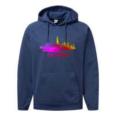 Colorful Chicago Cityscape Souvenir Chicago Skyline Performance Fleece Hoodie