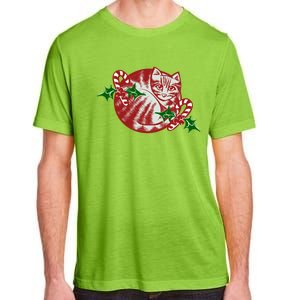 Candy Cane Curled Up Cat Christmas Kitty Gift Adult ChromaSoft Performance T-Shirt