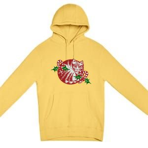 Candy Cane Curled Up Cat Christmas Kitty Gift Premium Pullover Hoodie