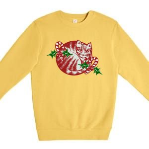 Candy Cane Curled Up Cat Christmas Kitty Gift Premium Crewneck Sweatshirt