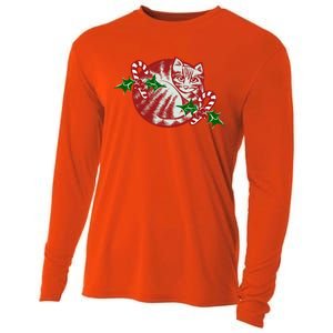 Candy Cane Curled Up Cat Christmas Kitty Gift Cooling Performance Long Sleeve Crew