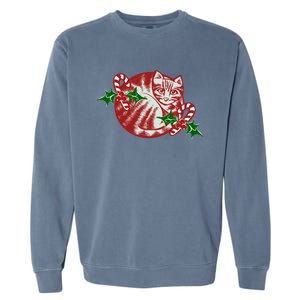 Candy Cane Curled Up Cat Christmas Kitty Gift Garment-Dyed Sweatshirt