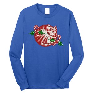 Candy Cane Curled Up Cat Christmas Kitty Gift Long Sleeve Shirt