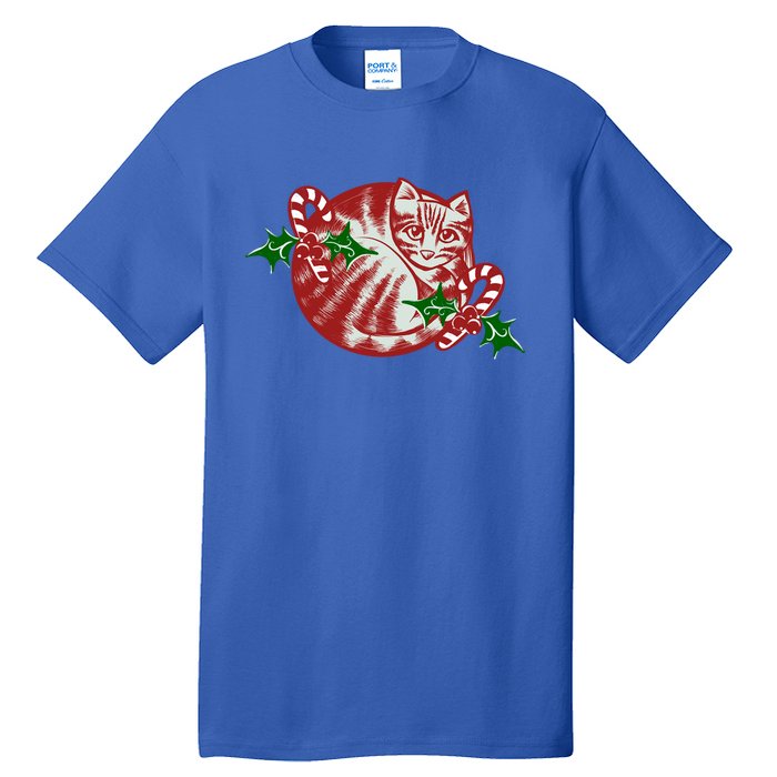 Candy Cane Curled Up Cat Christmas Kitty Gift Tall T-Shirt