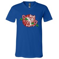 Candy Cane Curled Up Cat Christmas Kitty Gift V-Neck T-Shirt