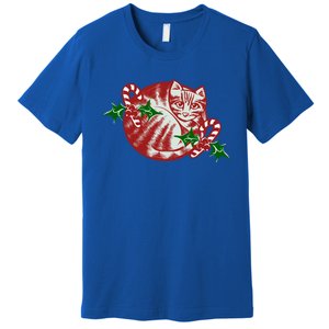 Candy Cane Curled Up Cat Christmas Kitty Gift Premium T-Shirt