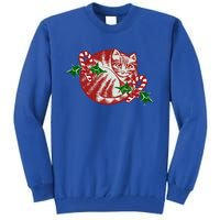 Candy Cane Curled Up Cat Christmas Kitty Gift Tall Sweatshirt