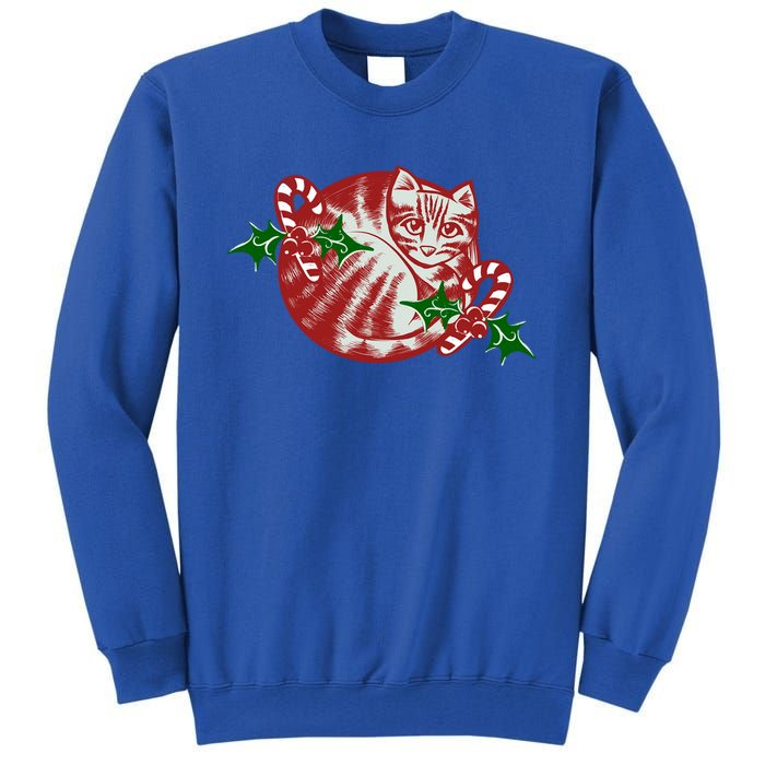 Candy Cane Curled Up Cat Christmas Kitty Gift Tall Sweatshirt