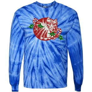 Candy Cane Curled Up Cat Christmas Kitty Gift Tie-Dye Long Sleeve Shirt