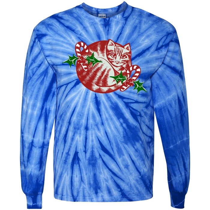 Candy Cane Curled Up Cat Christmas Kitty Gift Tie-Dye Long Sleeve Shirt