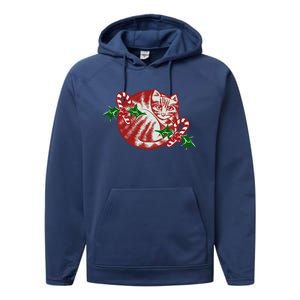 Candy Cane Curled Up Cat Christmas Kitty Gift Performance Fleece Hoodie