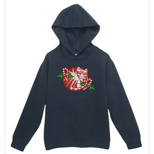 Candy Cane Curled Up Cat Christmas Kitty Gift Urban Pullover Hoodie