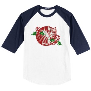 Candy Cane Curled Up Cat Christmas Kitty Gift Baseball Sleeve Shirt