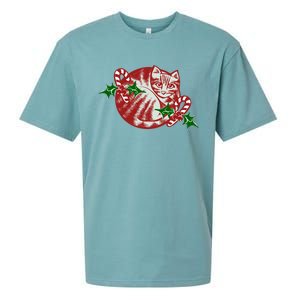 Candy Cane Curled Up Cat Christmas Kitty Gift Sueded Cloud Jersey T-Shirt