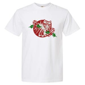 Candy Cane Curled Up Cat Christmas Kitty Gift Garment-Dyed Heavyweight T-Shirt