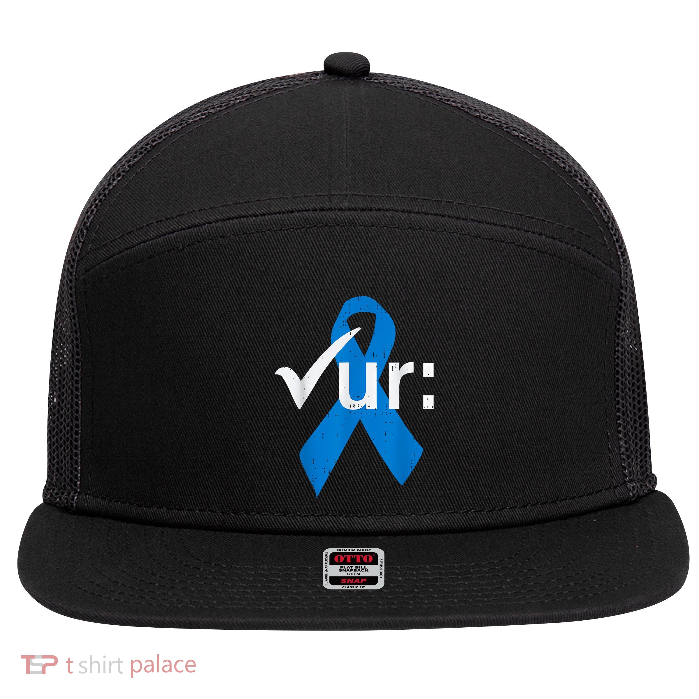 Colorectal Colon Cancer Awareness Blue Ribbon Colonoscopy 7 Panel Mesh Trucker Snapback Hat