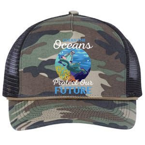 Climate Change Clean The Oceans Protect Our Future Funny Gift Retro Rope Trucker Hat Cap