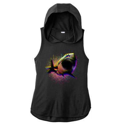 Cool Colorful CMYK Paint Spatter Shark Ladies PosiCharge Tri-Blend Wicking Draft Hoodie Tank