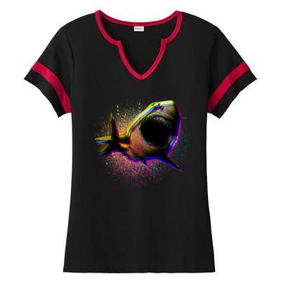 Cool Colorful CMYK Paint Spatter Shark Ladies Halftime Notch Neck Tee