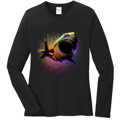 Cool Colorful CMYK Paint Spatter Shark Ladies Long Sleeve Shirt