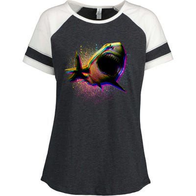 Cool Colorful CMYK Paint Spatter Shark Enza Ladies Jersey Colorblock Tee