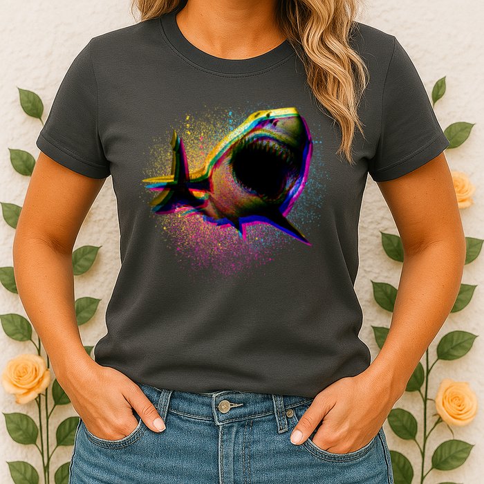 Cool Colorful CMYK Paint Spatter Shark Womens T-Shirt