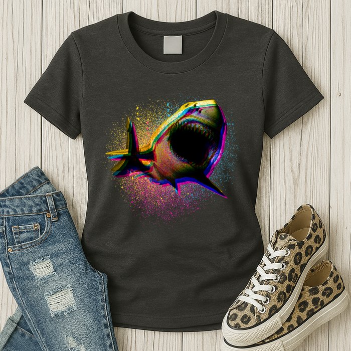 Cool Colorful CMYK Paint Spatter Shark Womens T-Shirt