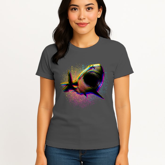 Cool Colorful CMYK Paint Spatter Shark Womens T-Shirt