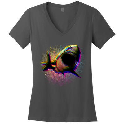 Cool Colorful CMYK Paint Spatter Shark Women's V-Neck T-Shirt