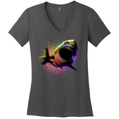 Cool Colorful CMYK Paint Spatter Shark Women's V-Neck T-Shirt