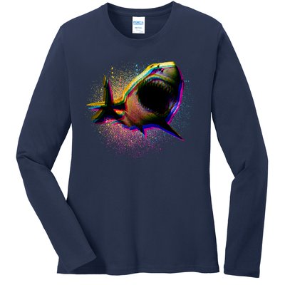 Cool Colorful CMYK Paint Spatter Shark Ladies Long Sleeve Shirt