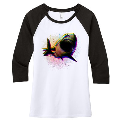 Cool Colorful CMYK Paint Spatter Shark Women's Tri-Blend 3/4-Sleeve Raglan Shirt