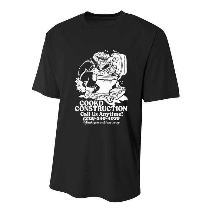 Cookd Construction Call Us Anytime 213 340 4039 Flush Your Problems Away Youth Performance Sprint T-Shirt