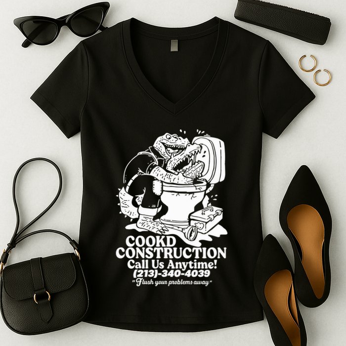 Cookd Construction Call Us Anytime 213 340 4039 Flush Your Problems Away Women's V-Neck T-Shirt