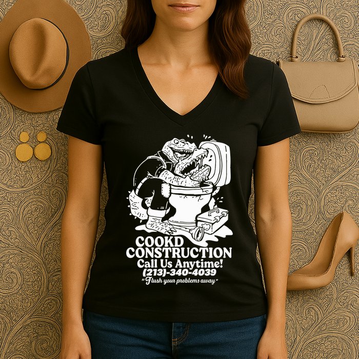 Cookd Construction Call Us Anytime 213 340 4039 Flush Your Problems Away Women's V-Neck T-Shirt