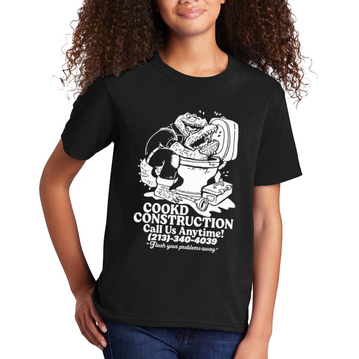 Cookd Construction Call Us Anytime 213 340 4039 Flush Your Problems Away Kids T-Shirt