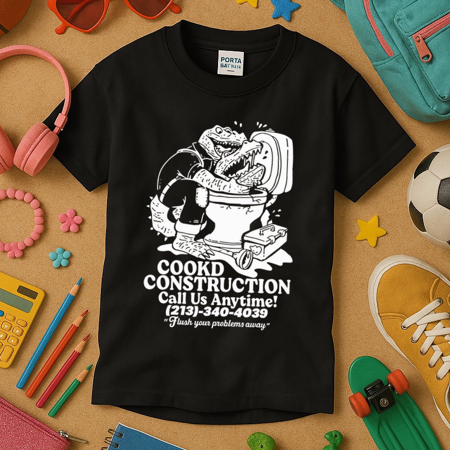 Cookd Construction Call Us Anytime 213 340 4039 Flush Your Problems Away Kids T-Shirt