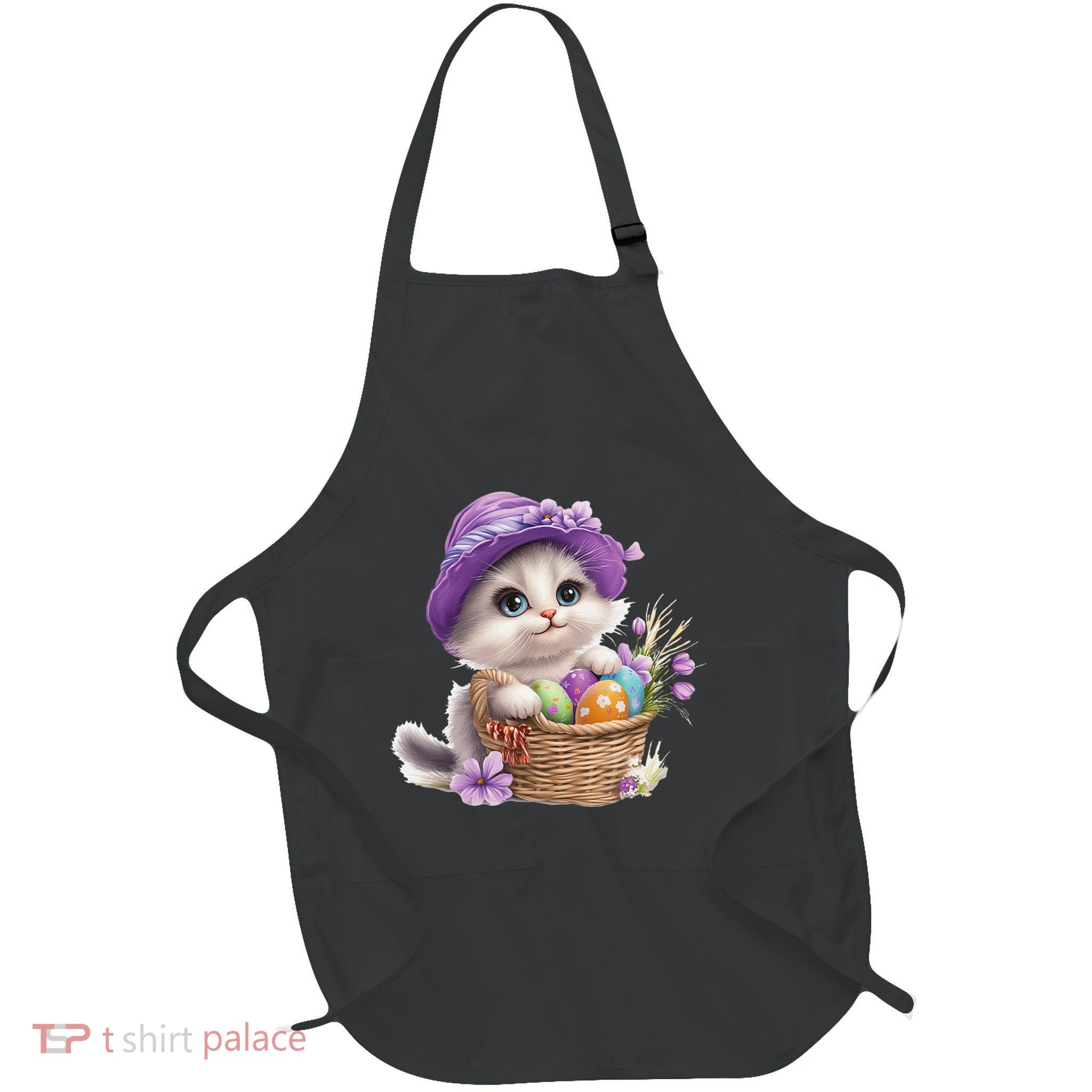 Cute Cat Carrying Easter Basket With Eggs & Flowers Full-Length Apron With Pockets