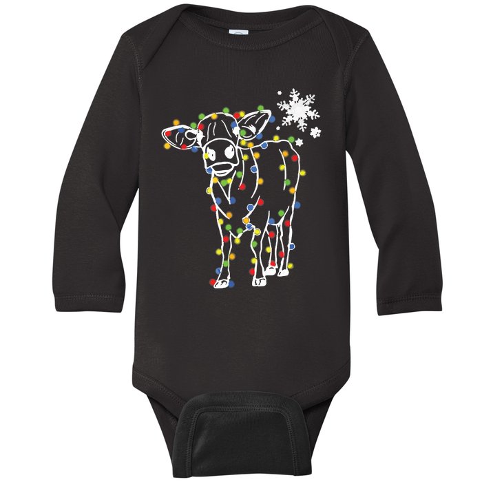 Cute Cow Christmas Lights Snow Lover Family Pajama Gifts Baby Long Sleeve Bodysuit