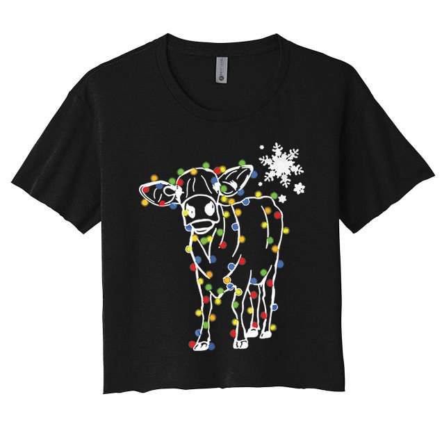 Cute Cow Christmas Lights Snow Lover Family Pajama Gifts Women's Crop Top Tee