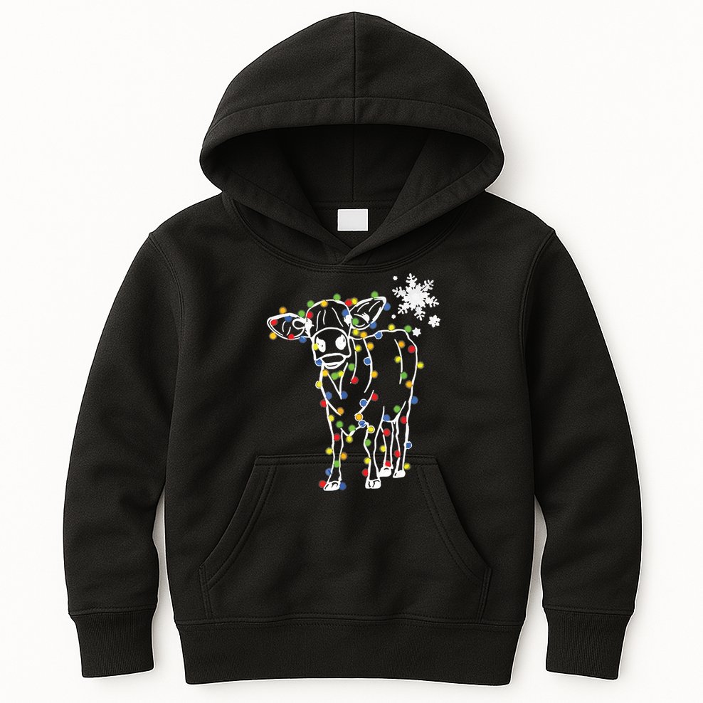 Cute Cow Christmas Lights Snow Lover Family Pajama Gifts Kids Hoodie