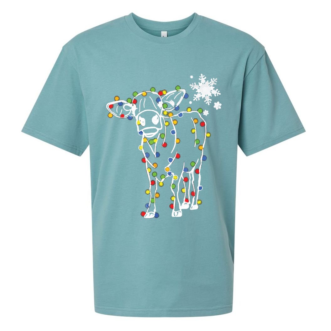 Cute Cow Christmas Lights Snow Lover Family Pajama Gifts Sueded Cloud Jersey T-Shirt