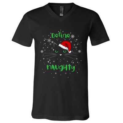 Cute Christmas Cat Define Naughty Meowy Catmas Santa Kitty V-Neck T-Shirt