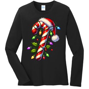 Candy Cane Crew Christmas Light Family Xmas Santa Ladies Long Sleeve Shirt