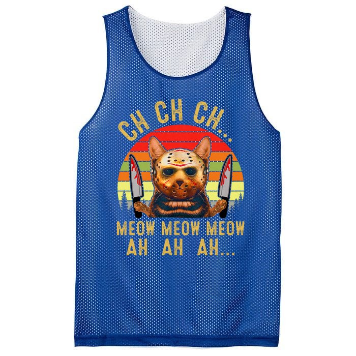 Ch Ch Ch Meow Meow Ah Ah Ah Funny Scary Friday Cat Costume Mesh Reversible Basketball Jersey Tank