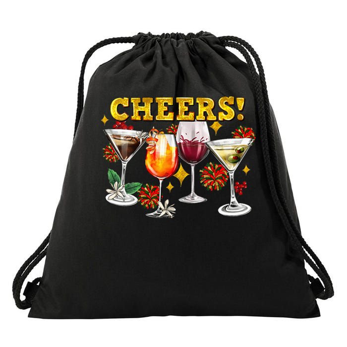 Cheers Christmas Cocktails Happy New Years Eve Party 2024 VNeck Drawstring Bag