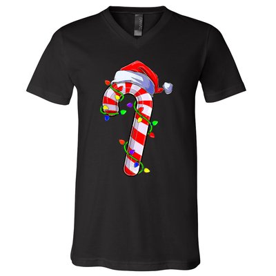 Christmas Candy Cane Santa Hat V-Neck T-Shirt