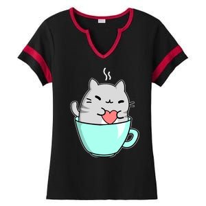 Cute Cat Coffee Lover Gift Ladies Halftime Notch Neck Tee