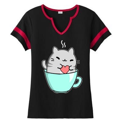 Cute Cat Coffee Lover Gift Ladies Halftime Notch Neck Tee